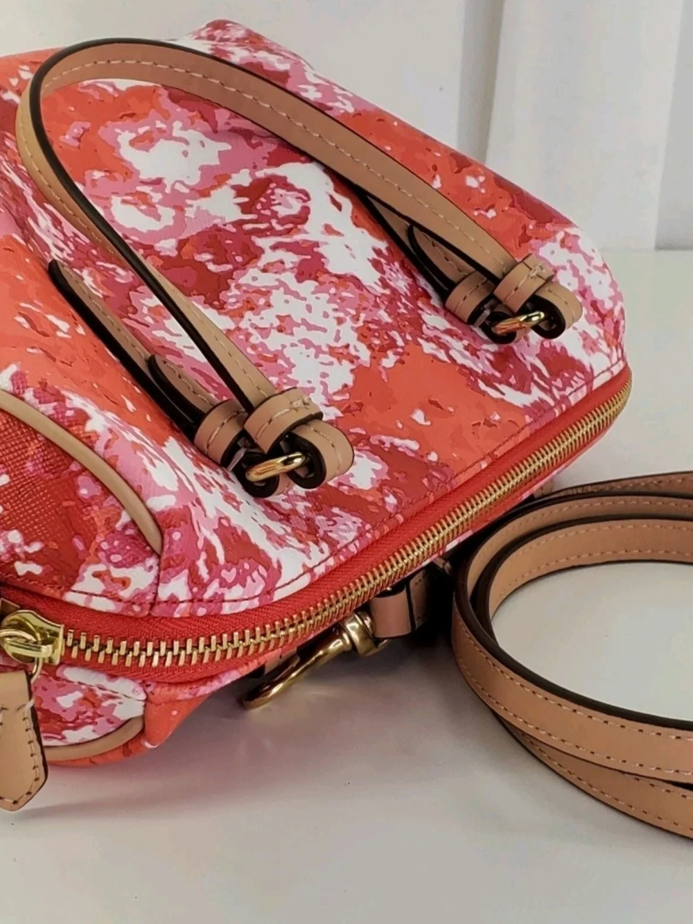 Coach Mini Benton Peyton Satchel/Crossbody in Orange,Red & Pink, Vaccheta Trim